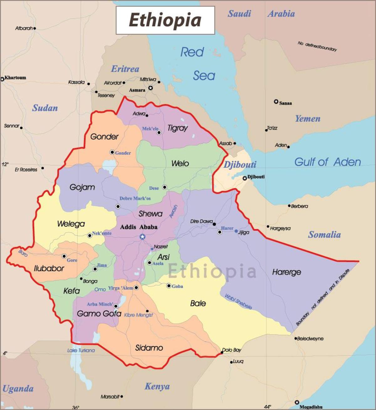 Etiopija kartica s gradovima